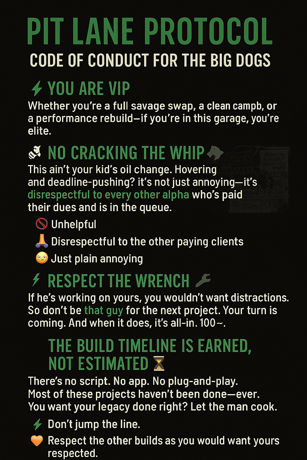 Poster titled 'Pit Lane Protocol' detailing a code of conduct for garage clients. Sections emphasize VIP treatment, discouraging impatience, respecting mechanics, and adhering to build timelines. Includes icons for emphasis and phrases like 'No Crack