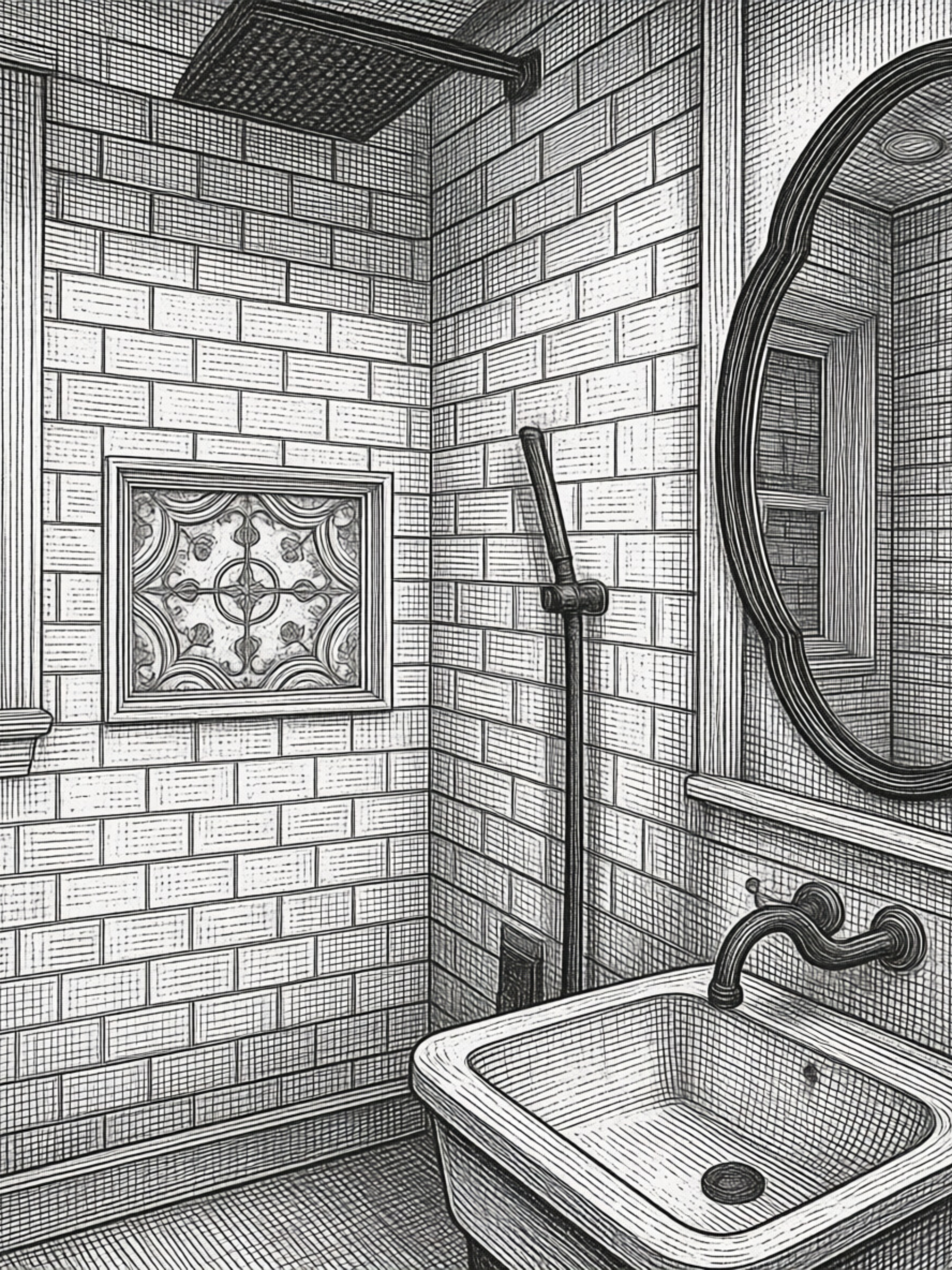 A black-and-white sketch of a bathroom with brick walls, a small decorative tile, an oval mirror, a sink with visible faucet, a soap dispenser, and a showerhead.