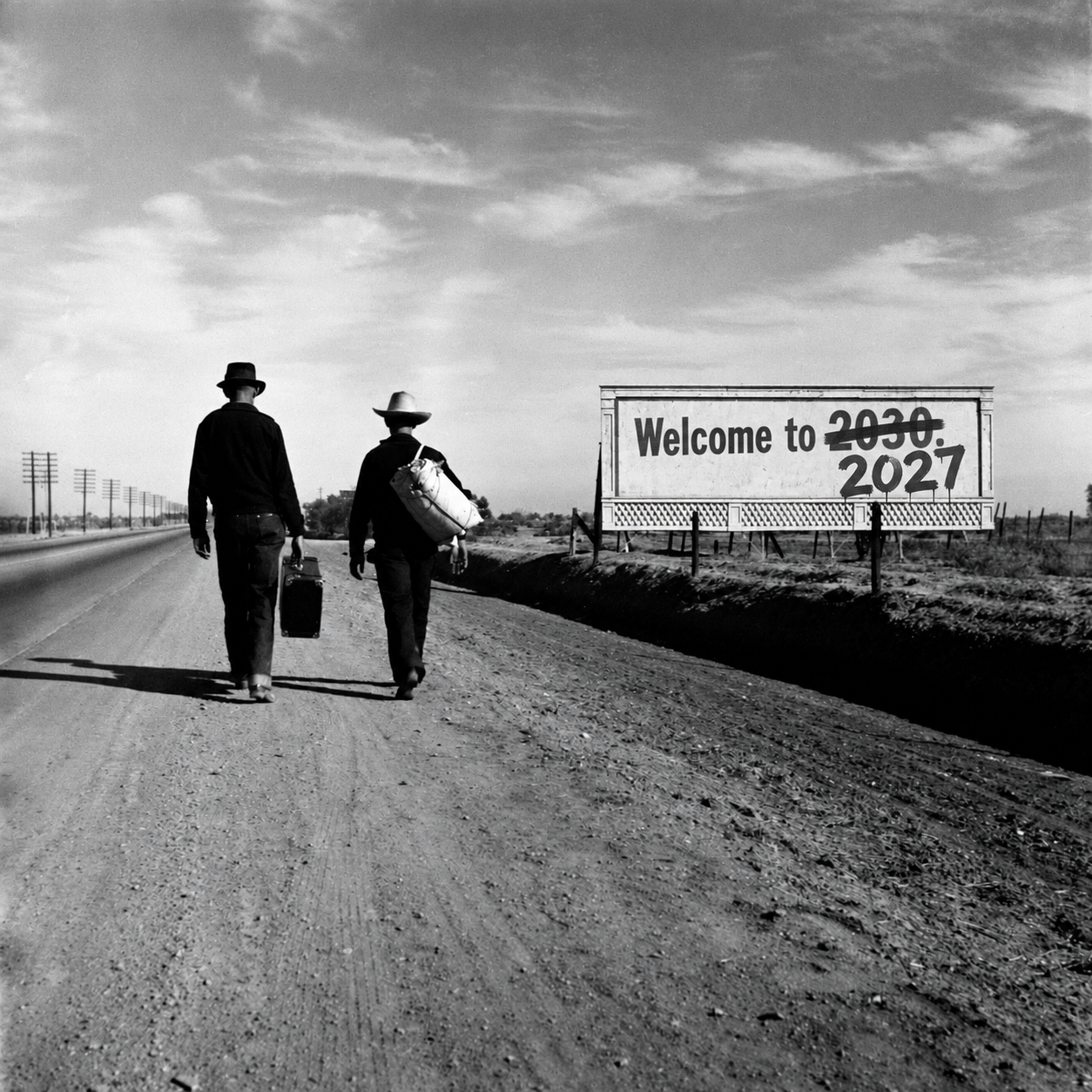 based on Dorothea Lange's photograph of two men walking down a dusty road