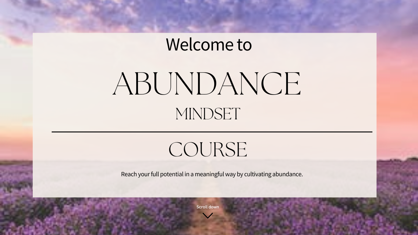A welcome screen for an Abundance Mindset Course with a background of a lavender field at sunset or sunrise.