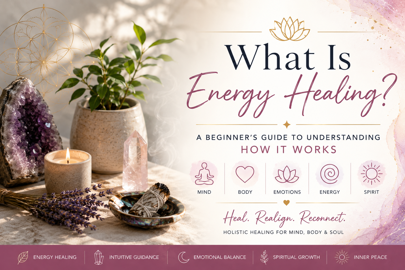 A flat lay of a spiritual and healing setup with a lit candle, a bunch of lavender, a crystal, a potted plant, and purple geode crystal on a white surface. The image is overlaid with text about energy healing and holistic healing for mind, body, and soul.