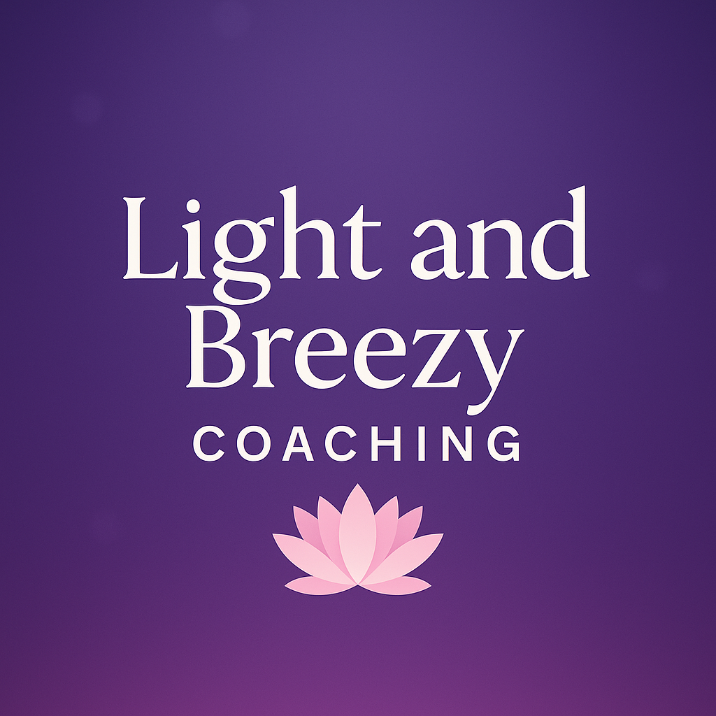 Logo for Light and Breezy Coaching with a pink lotus flower on a purple background.