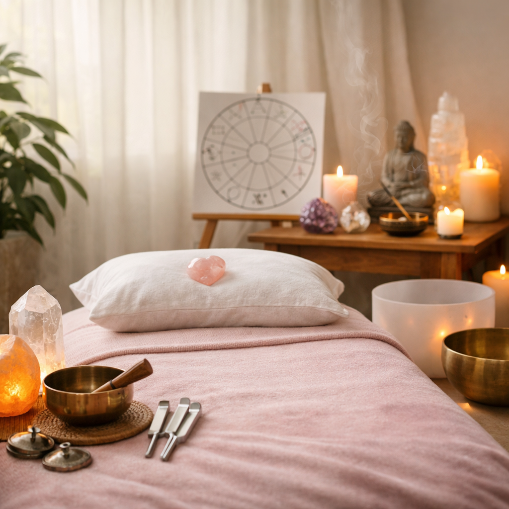 A wellness or healing space with a massage table covered in a pink cloth and a white pillow, topped with a pink rose quartz crystal. Surrounding the table are candles, crystals, singing bowls, and meditation tools. In the background, there is a candle, a statue of Buddha, and an astrology wheel on an easel, with soft natural light filtering through sheer curtains.