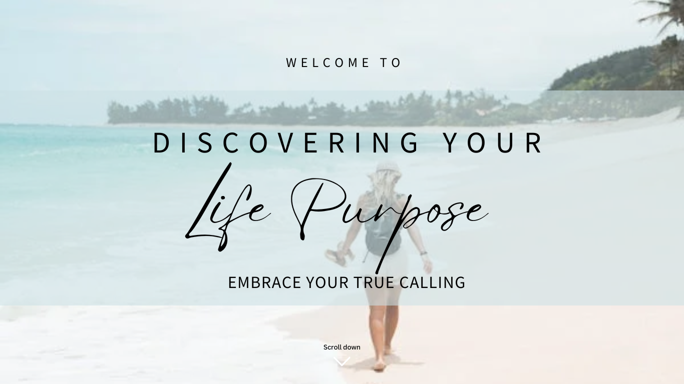 A person walking on a beach with ocean waves, palm trees, and hills in the background, overlaid with text that says "Welcome to discovering your life purpose, embrace your true calling."