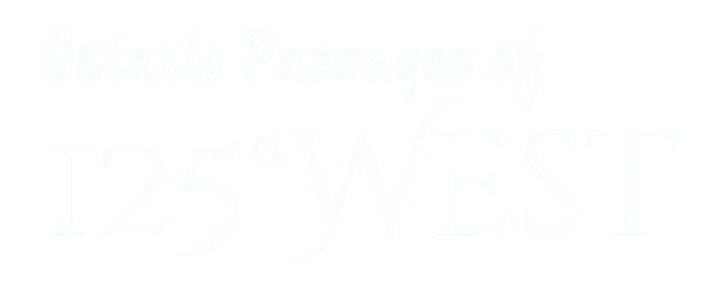 Sign reading 'Ontario Passages of 125°W West' in white text on a blue background.