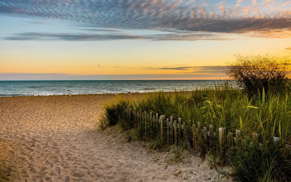 A sandy beach with a wooden fence and tall grass, overlooking the ocean at sunset with colorful clouds.