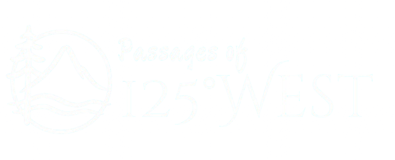 Logo for Passages of 125° West with a mountain, trees, and river design in white on dark blue background.