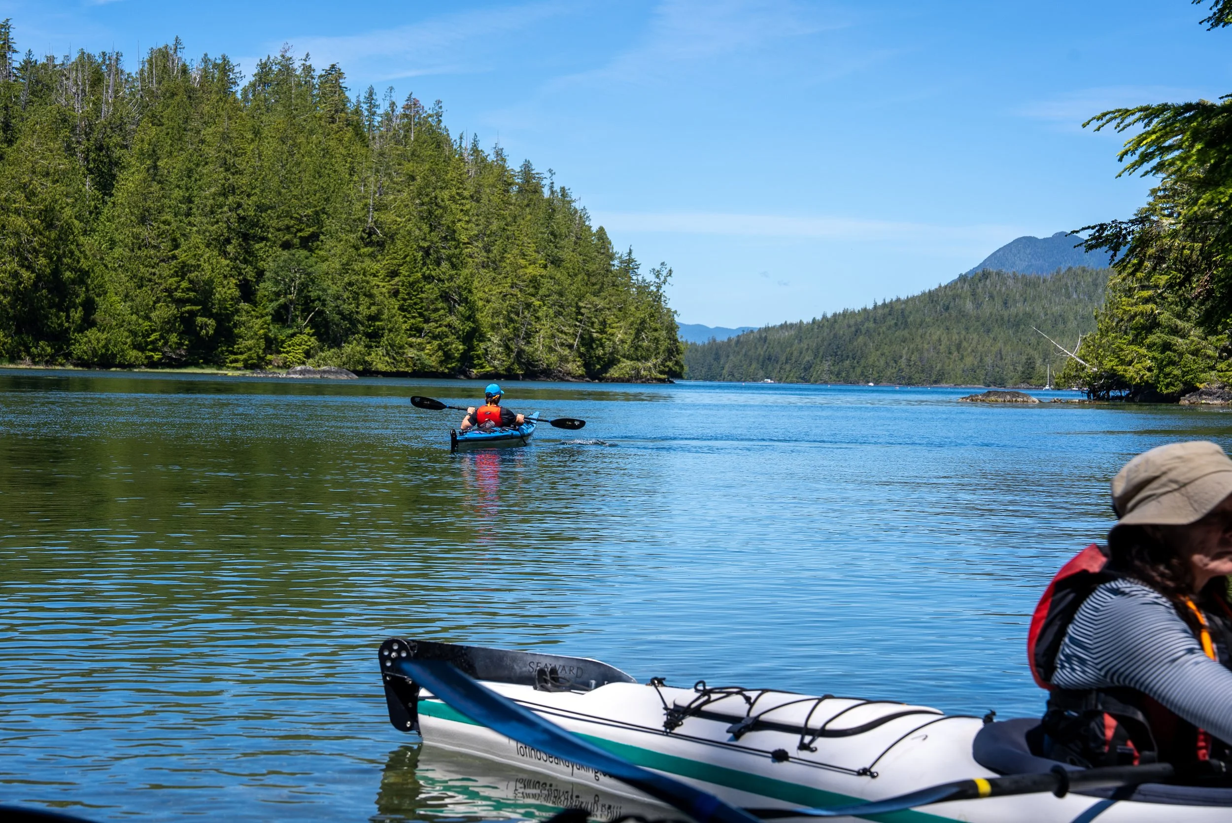 Yellow, white, and red kayaks on a pebbled shoreline with calm water and lush green trees in the background.