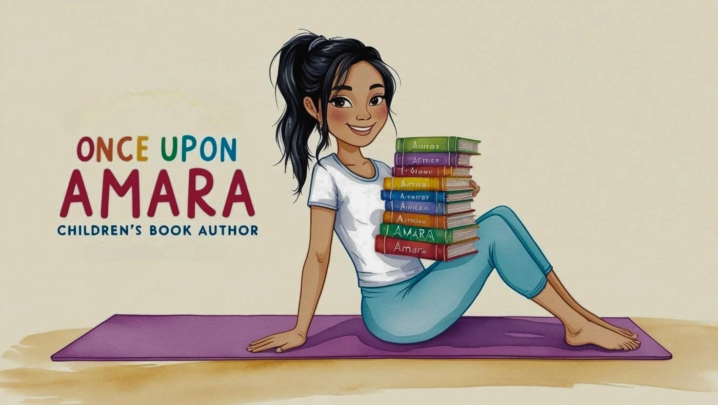 Illustrated woman with dark hair holding a stack of books, sitting on a purple mat. Text reads 'Once Upon Amara Children's Book Author'.
