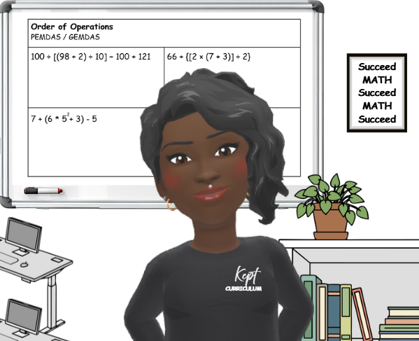 Digital illustration of a woman with dark skin, short wavy black hair, wearing a black sweater with white text, standing in classroom with whiteboard, computer monitors, potted plant, and books.