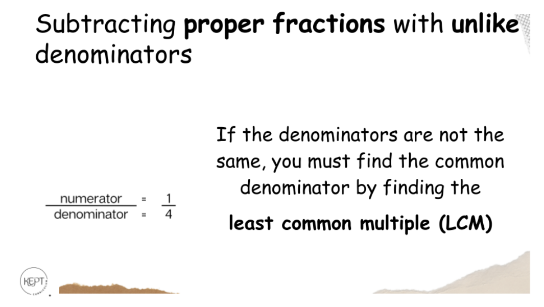 Subtracting proper fractions with unlike denominators 