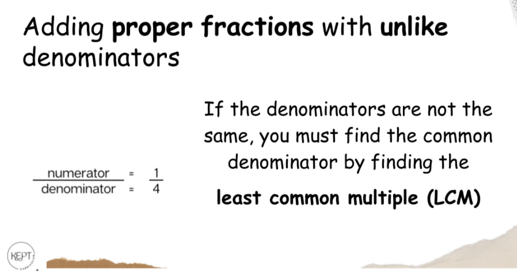 Adding proper fractions with unlike denominators 