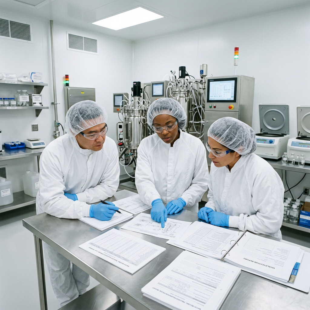 Three scientists in cleanroom suits and safety goggles working together in a laboratory, reviewing documents and data on a stainless steel table with scientific equipment in the background.