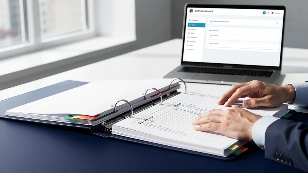 Person reviewing a binder with financial data, with a laptop displaying a dashboard on a desk near a window.