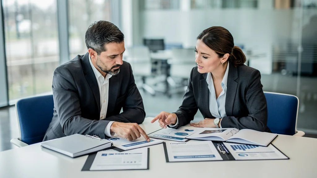 A man and a woman in business attire sitting at a table, discussing documents and financial charts in an office setting.