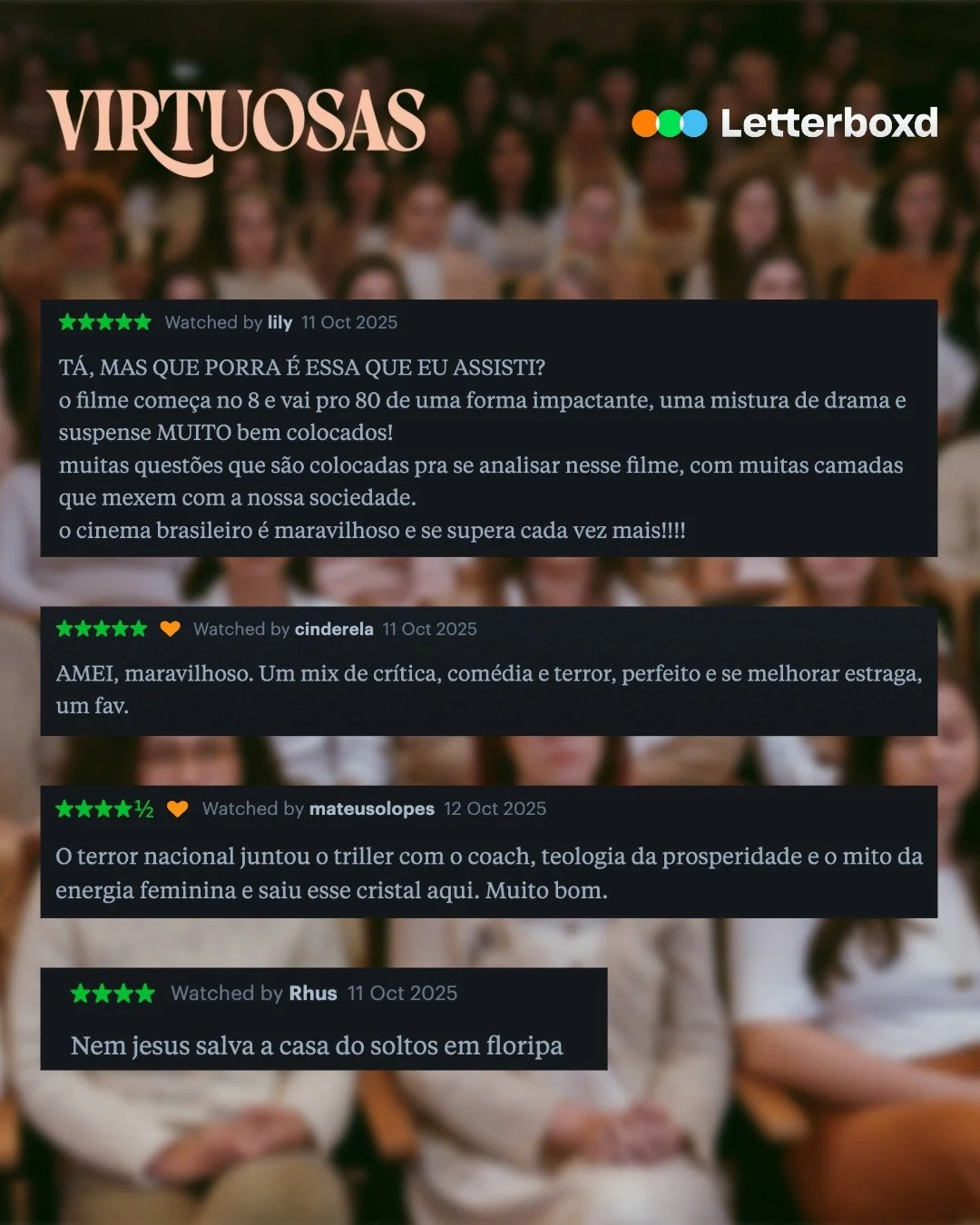 Virtuosas vem recebendo várias reviews no Letterboxd e tem sido divertidíssimo acompanhar as impressões do público! Vocês são demais! Vejam algumas aqui... Aos poucos a gente vai publicando mais! 
❤️