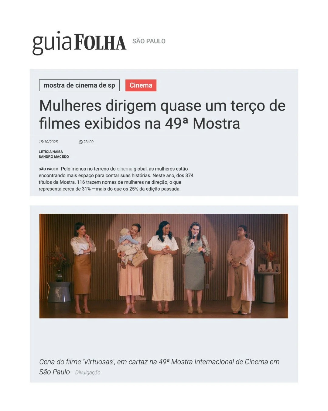 VIRTUOSAS é destaque no @guiafolha, em matéria que comenta o aumento de filmes dirigidos por mulheres nesta edição da @mostrasp. Taí uma lista massa de se estar! 
Viva o cinema com mulheres em cargos de tomada de d