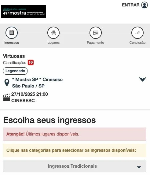 Em poucas horas os ingressos para o VIRTUOSAS já estão quase esgotados 😮 Quer assistir ao filme dia 27/10, na @mostrasp / @cinesescsp? Corre! 
A venda para a sessão do dia 29 começa dia 25. ANOTEM. uhu