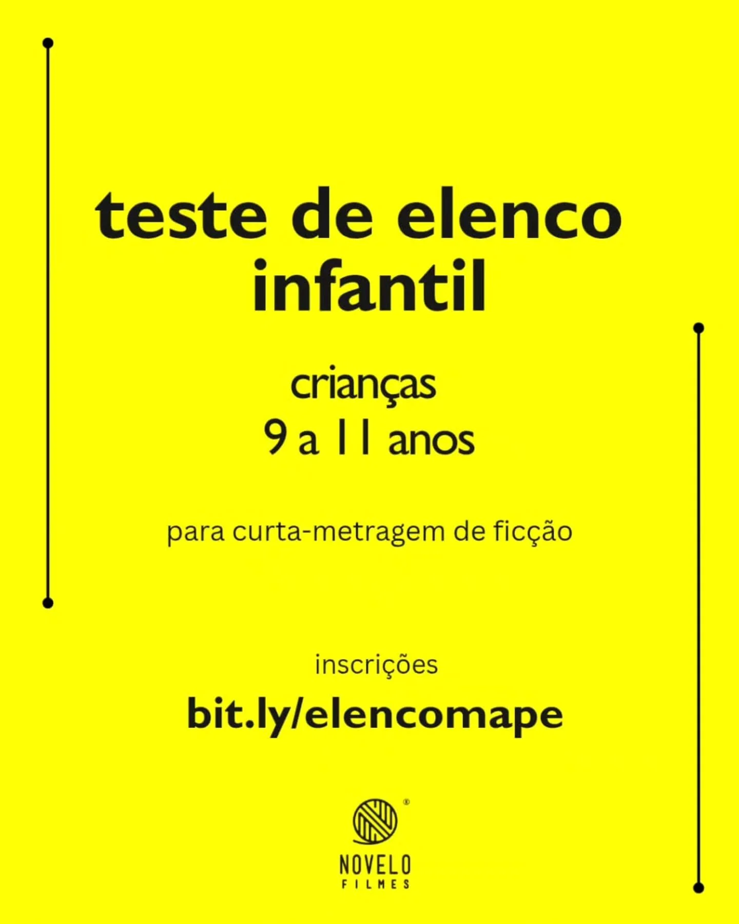📣 Teste de elenco infantil

Estamos buscando elenco infantil para nosso novo filme de curta-metragem!

Perfil: crian&ccedil;as entre 9 e 11 anos. 

Inscri&ccedil;&otilde;es pelo formul&aacute;rio:
https://bit.ly/elencomape

Link na bio.