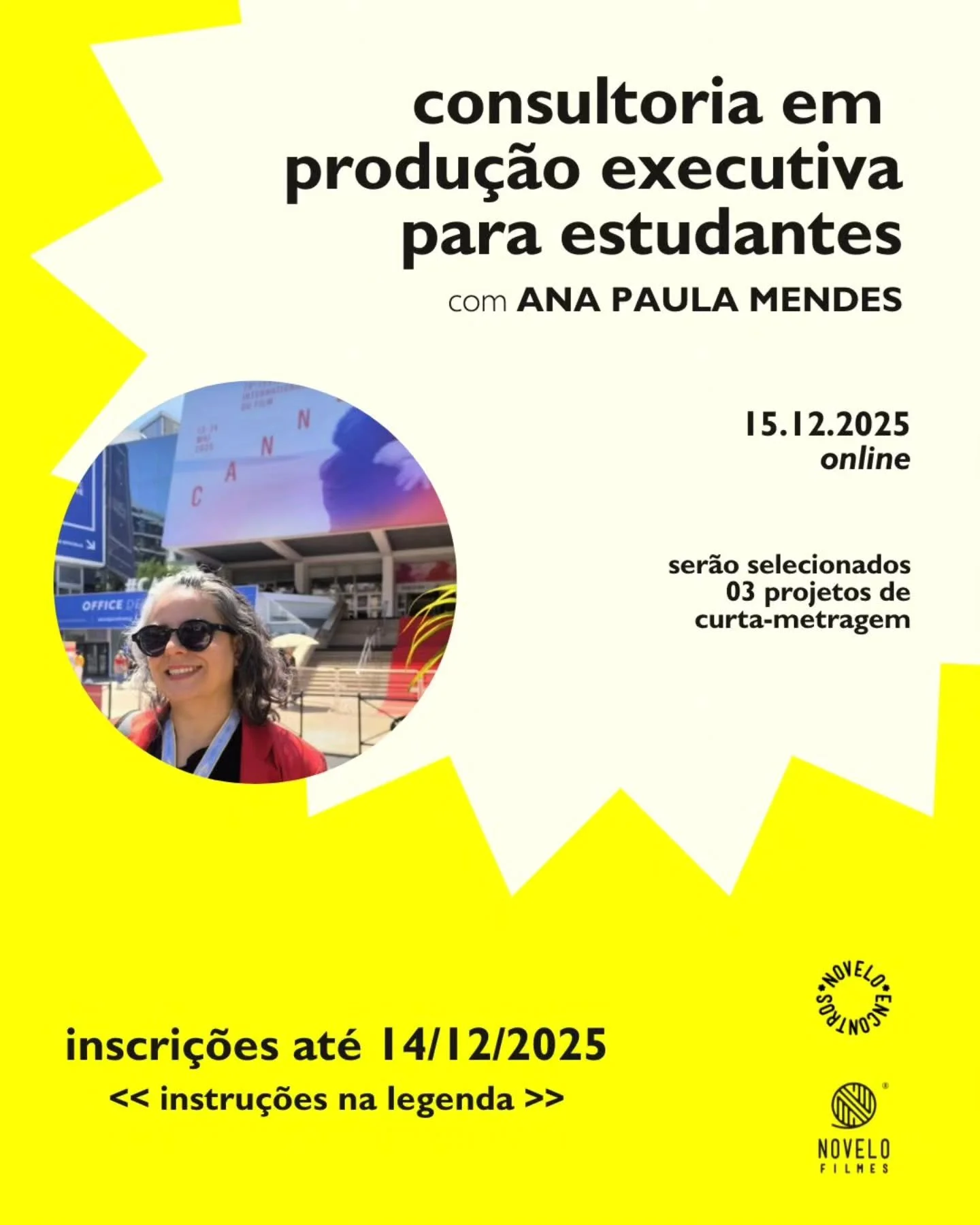 Inscri&ccedil;&otilde;es abertas at&eacute; 14/12/2025 para a *consultoria em produ&ccedil;&atilde;o executiva para estudantes* com a novelo Ana Paula Mendes. 

3 projetos de curta-metragem de estudantes de cinema de Santa Catarina ser&atilde;o selec