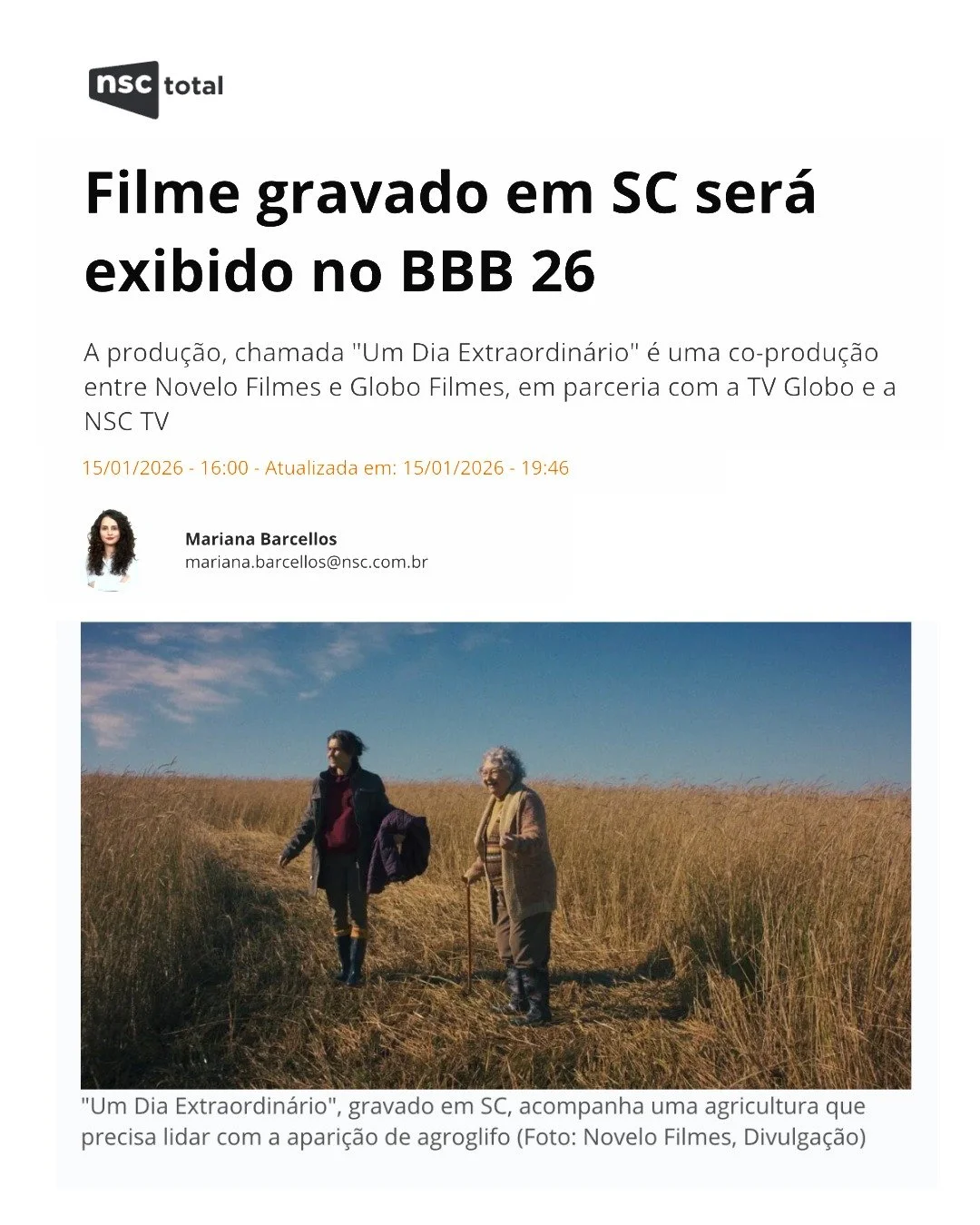 A Novelo t&aacute; no BBB? Sim!!! E muito mais!

Nosso filme UM DIA EXTRAORDIN&Aacute;RIO, coprod. Globo Filmes, ganha datas de exibi&ccedil;&atilde;o para milhares de pessoas! Leia na &iacute;ntegra a mat&eacute;ria na @nsctotal (link na bio e stori