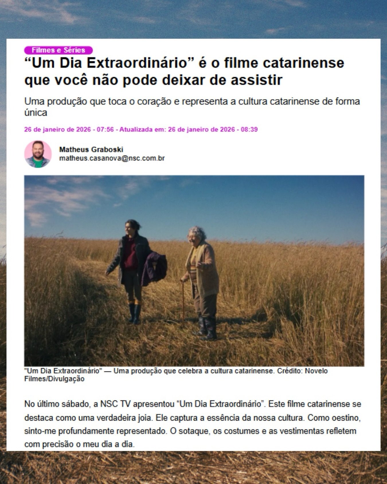 #NaImprensa | Muito felizes de ver &ldquo;Um Dia Extraordin&aacute;rio&rdquo; ganhando espa&ccedil;o e emocionando o p&uacute;blico. O @graboskimatheus escreveu uma mat&eacute;ria linda na @atlantidasc destacando o que a gente sempre acreditou: a for