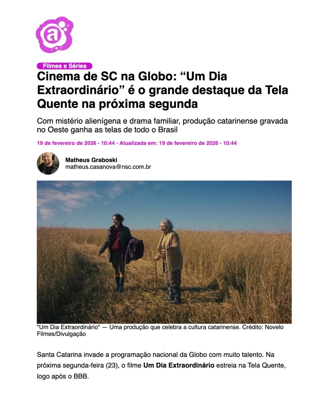 "Cinema de SC na Globo: UM DIA EXTRAORDIN&Aacute;RIO &eacute; o grande destaque da Tela Quente na pr&oacute;xima segunda" - @rede_atlantida 

Leia na &iacute;ntegra no portal! 

@umdiaextraordinario_filme &eacute; uma produ&ccedil;&atilde;o