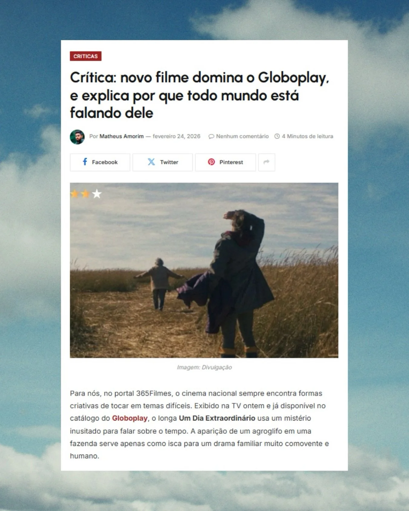 #NaImprensa | O jornalista Matheus Amorim, do portal @tresmeiacincof, publicou a sua an&aacute;lise sobre &ldquo;Um Dia Extraordin&aacute;rio&rdquo;. No texto, ele explora como &ldquo;o filme utiliza a casca da fic&ccedil;&atilde;o cient&iacute;fica 