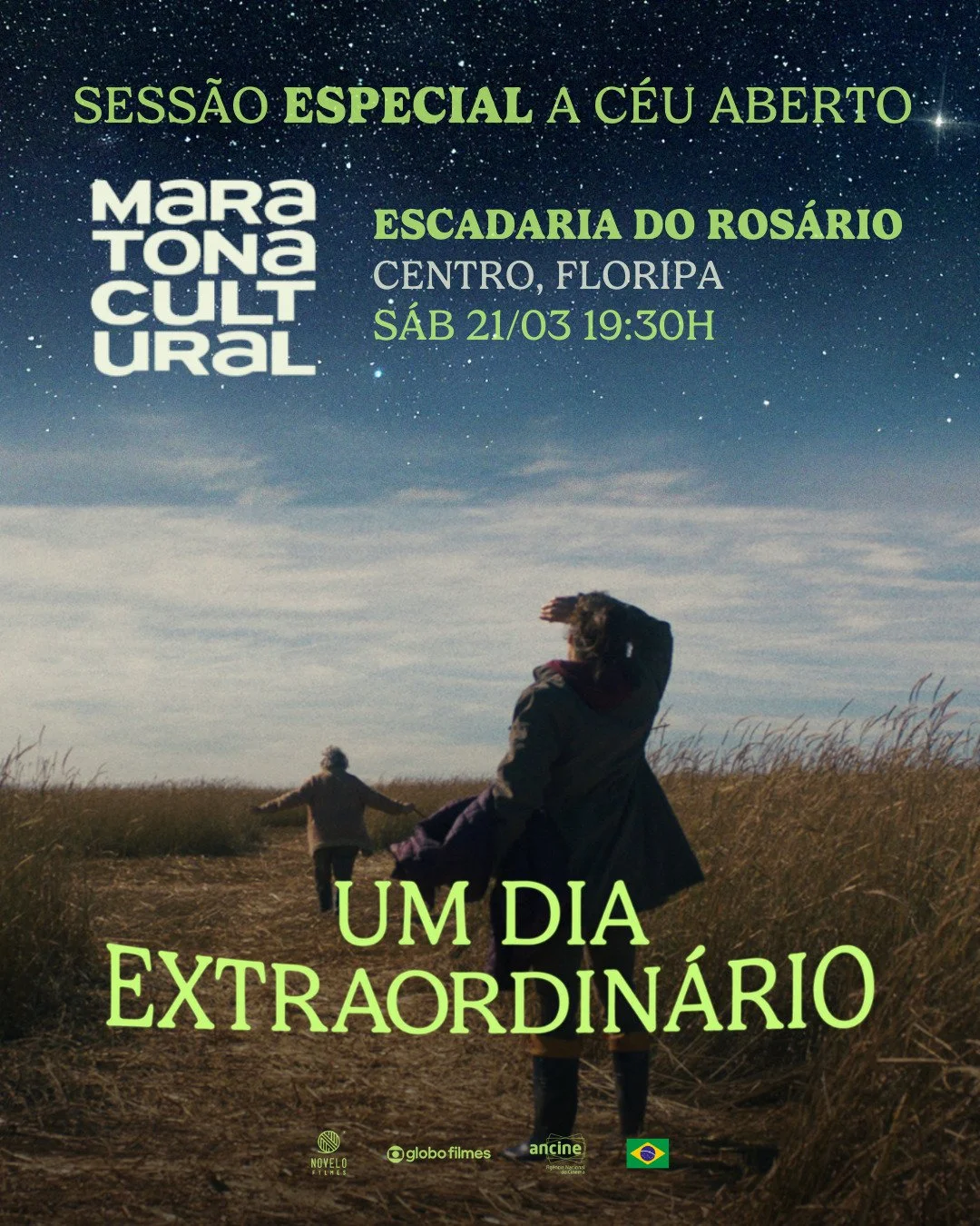 Cinema a c&eacute;u aberto faz uma noite extraordin&aacute;ria! 

Bora valorizar nosso cinema independente na programa&ccedil;&atilde;o da Maratona Cultural, curtindo o Centro de Floripa! Aproveite essa sess&atilde;o para olhar as estrelas e pensar e