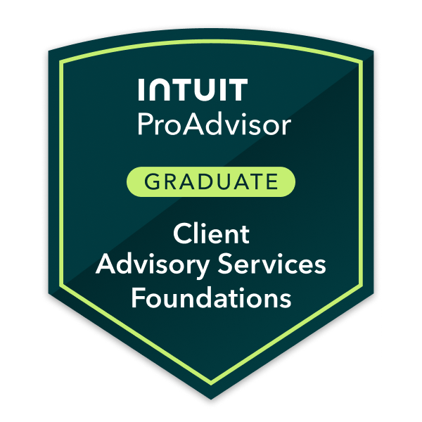 Badge or emblem indicating graduate status with labels for INTUIT ProAdvisor, Client Advisory Services Foundations, and the word 'GRADUATE' highlighted in yellow.