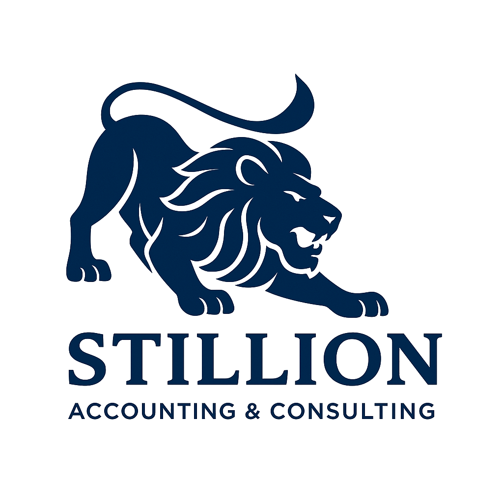 Logo of a lion in dark blue with the word "STILLION" and "Accounting & Consulting" underneath.