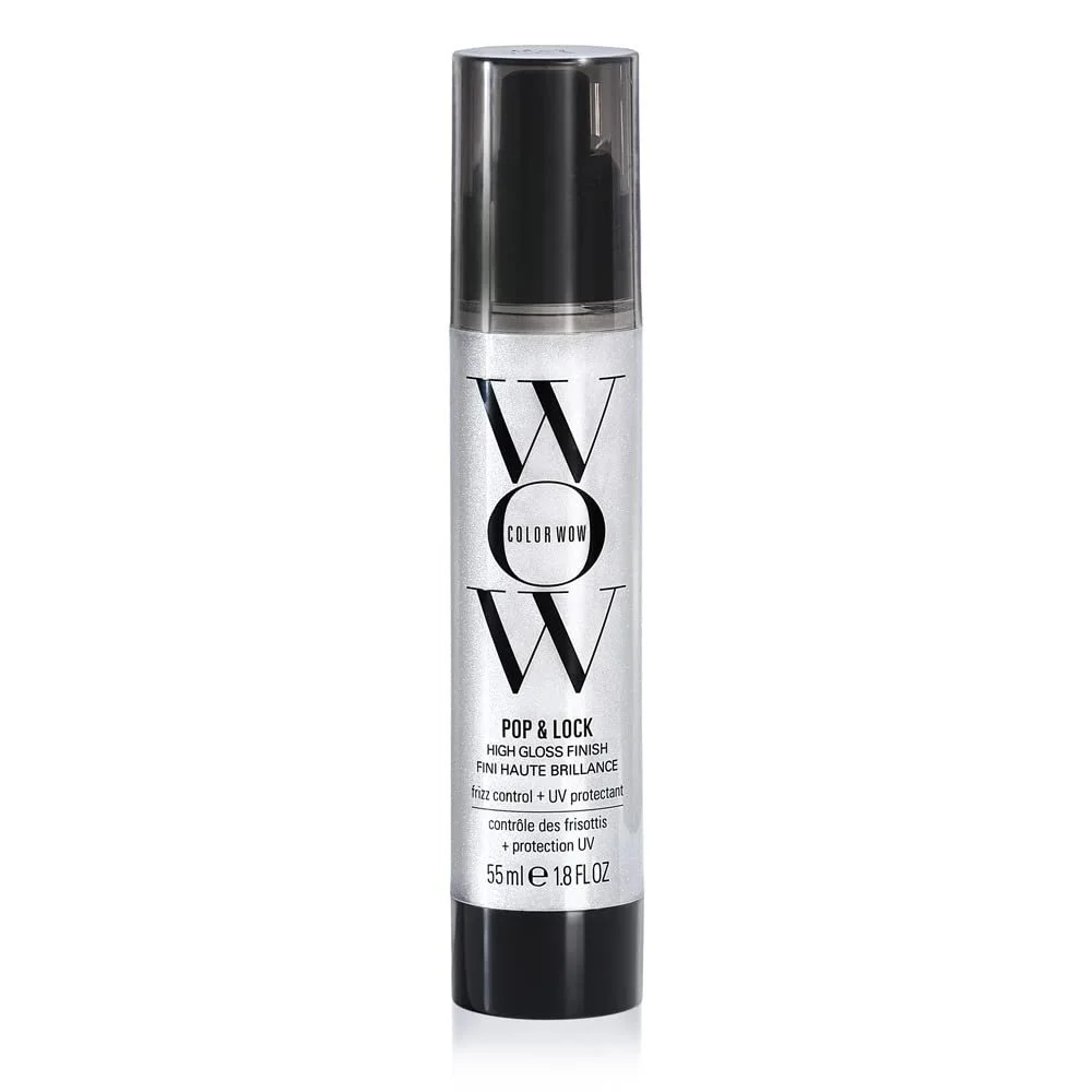 A tube of W.O.W high gloss finishing lip product by Color Wow, labeled Pop & Lock, 55ml or 1.8 fl oz