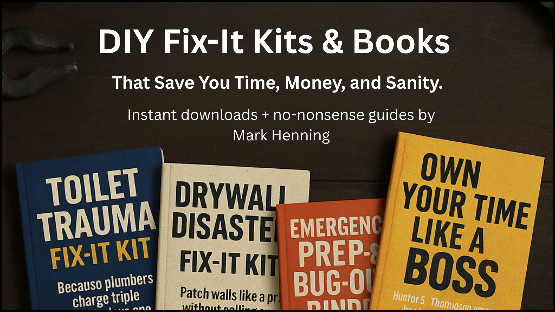 A collection of four books with titles related to DIY fixing and emergency preparedness, displayed on a dark wooden surface, with a wrench in the top left corner.