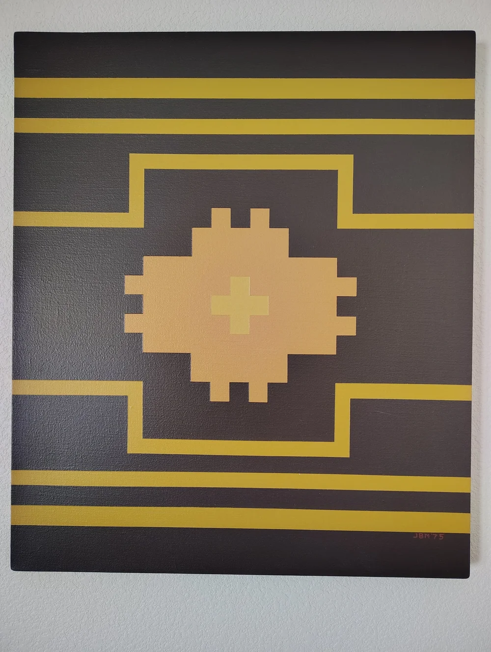 Yellow Cross geometric abstract painting by Las Vegas artist John Barrett Main, signed JBM 75