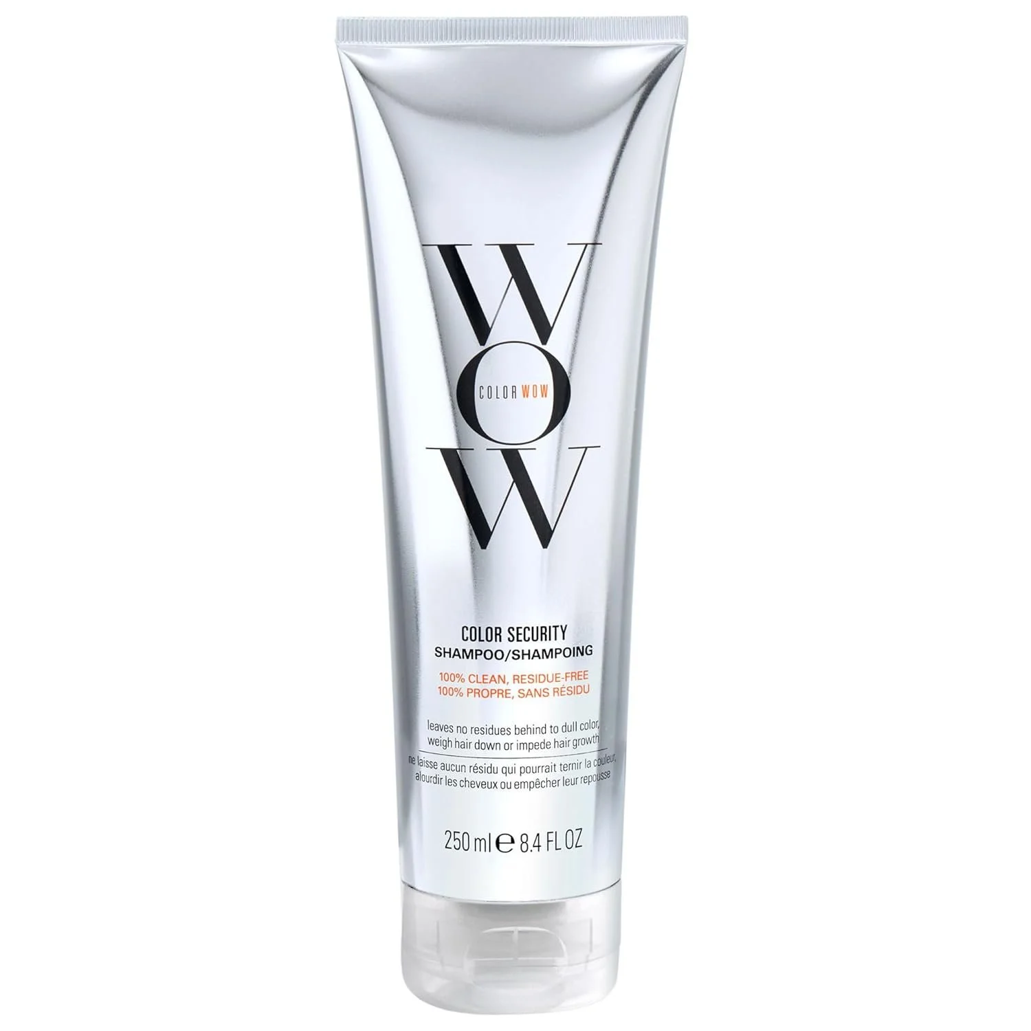 A silver tube of Wella Color Wow Color Security Shampoo with black and orange text on a white background.