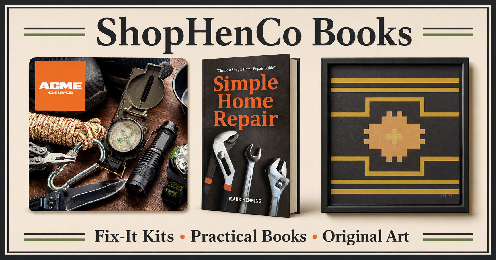 ShopHenCo Books featuring DIY Fix-It Kits, practical books and original art
