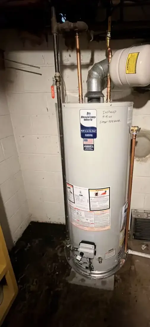 New Bradford White gas water heater with thermal expansion tank, gas shutoff and metal vent