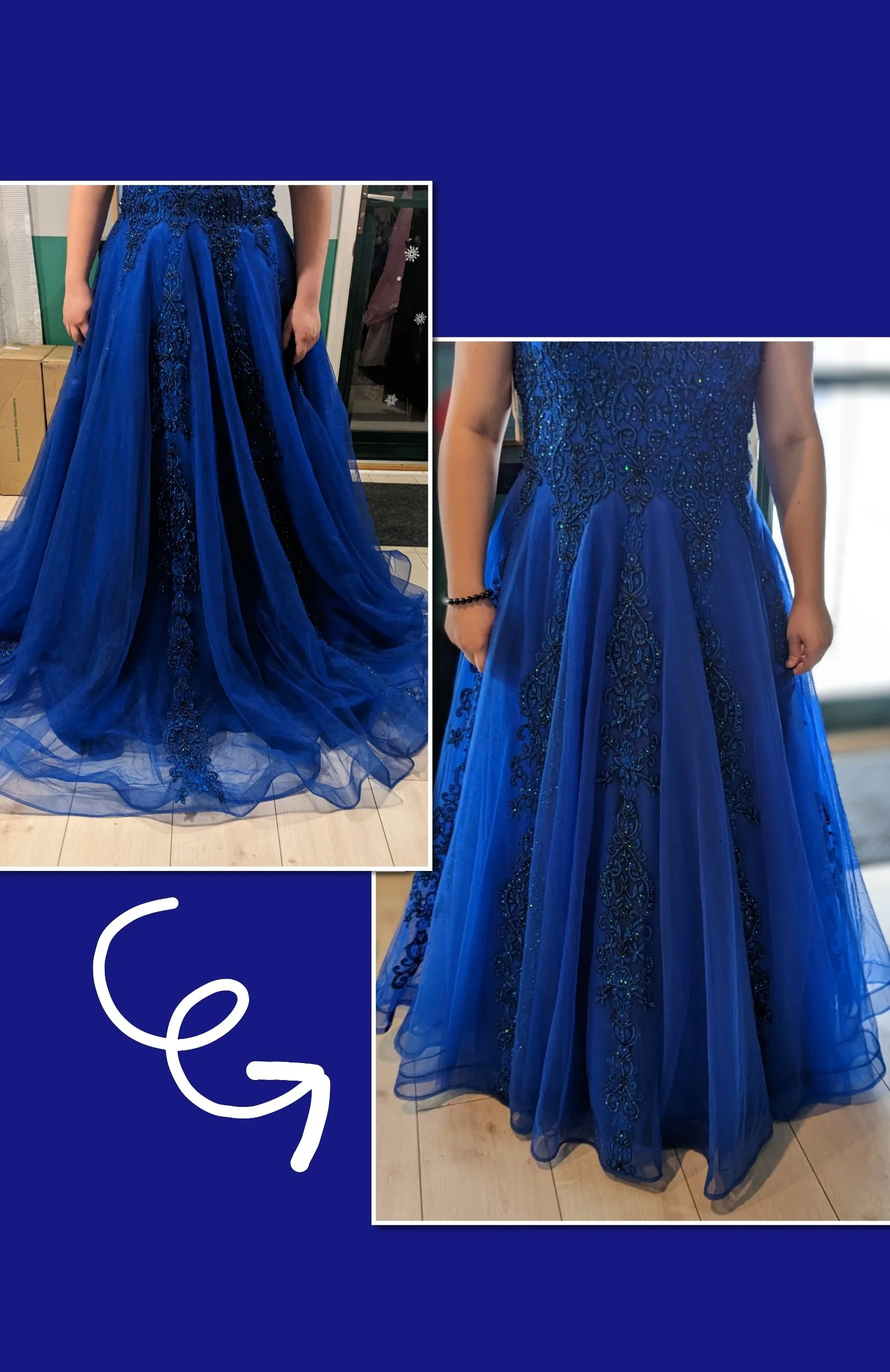 Blue floor-length gown with intricate lace detailing and overlay, shown on a person. The dress has a fitted bodice and flowing skirt, featuring decorative embroidery and embellishments. The image shows the before and after hemming