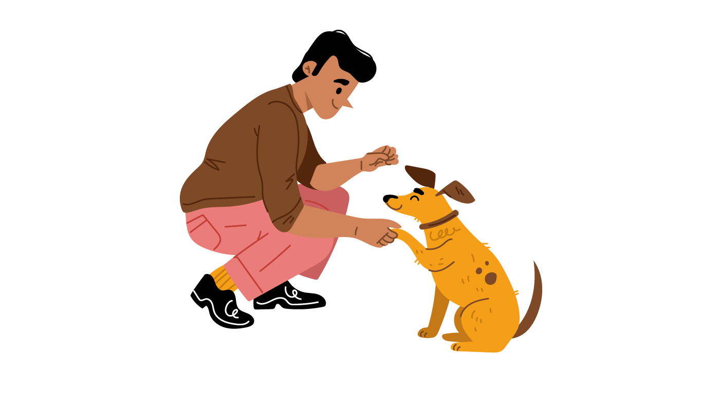 A person squatting and playing with a yellow and brown dog, giving a treat or toy to the dog.