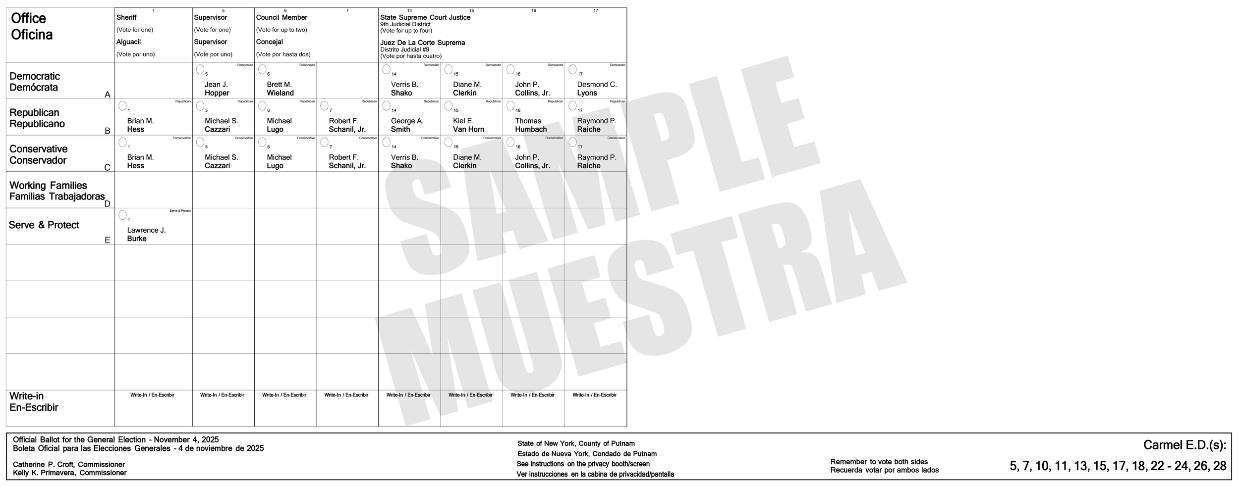 Official ballot for the 2025 general election, with sections for office titles, candidates, and voting options, including instructions in English and Spanish, and information about the election officials.