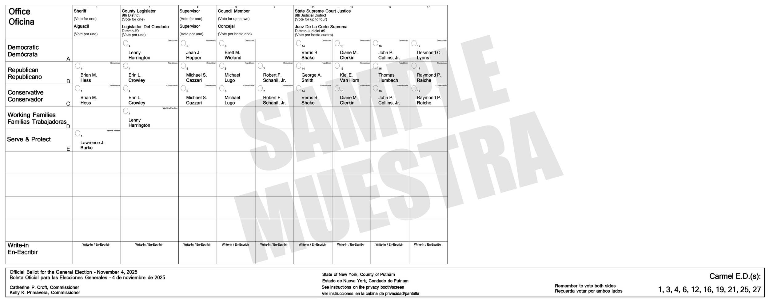 Sample ballot for the general election in Putnam County, New York, dated November 4, 2025, with columns for different offices, candidate options, and write-in sections.