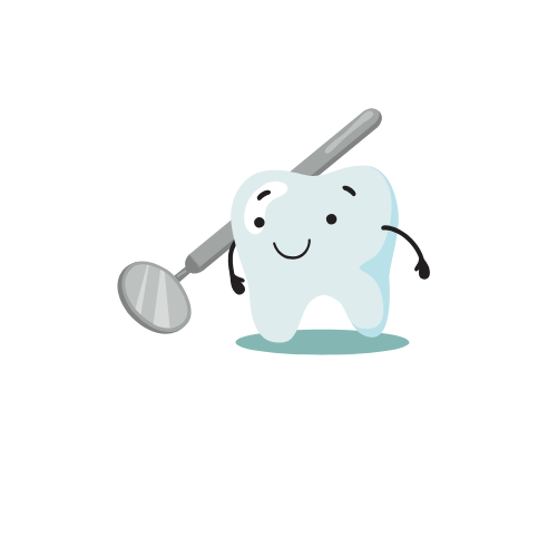 A cute cartoon tooth character holding a dental mirror with a smiling face.