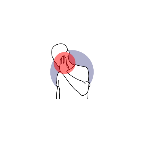 Outline illustration of a person covering their face with their hands, with a red circle indicating pain or discomfort in the face area.