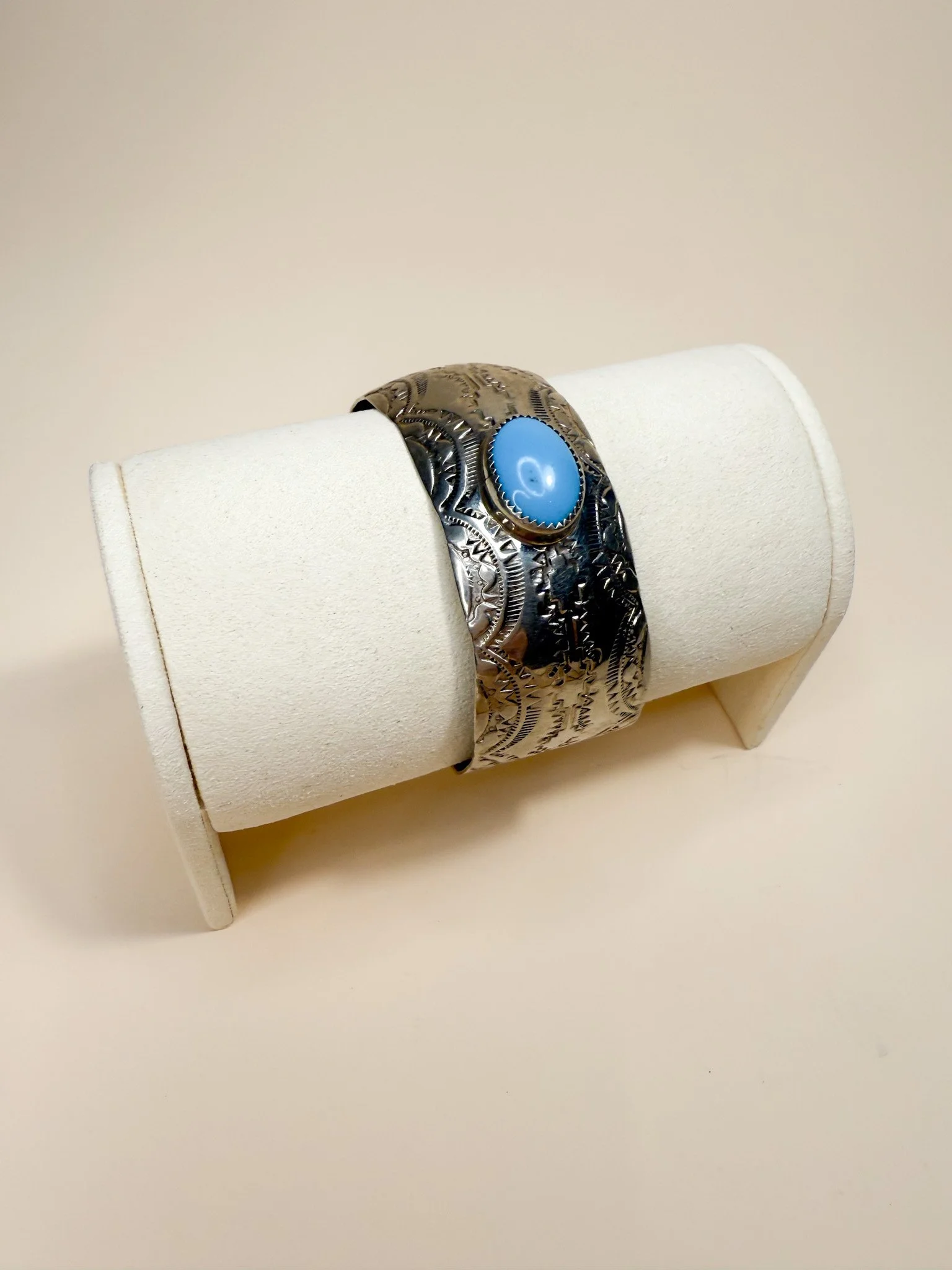 Hand Stamped Silver & Sleeping Beauty Turquoise Cuff