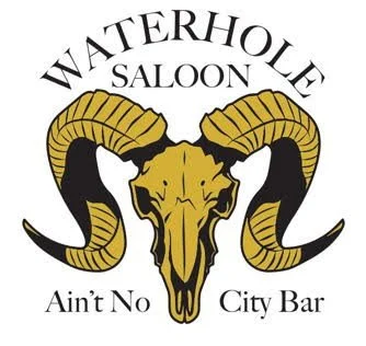 Logo of Waterhole Saloon featuring a ram's skull with curved horns, and text that reads 'Waterhole Saloon' and 'Ain't No City Bar'.