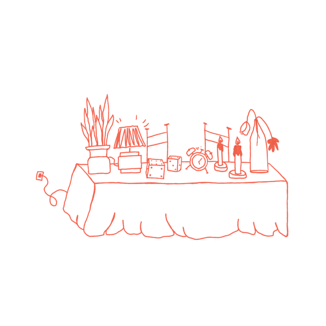 An illustration of a table with decor on it.