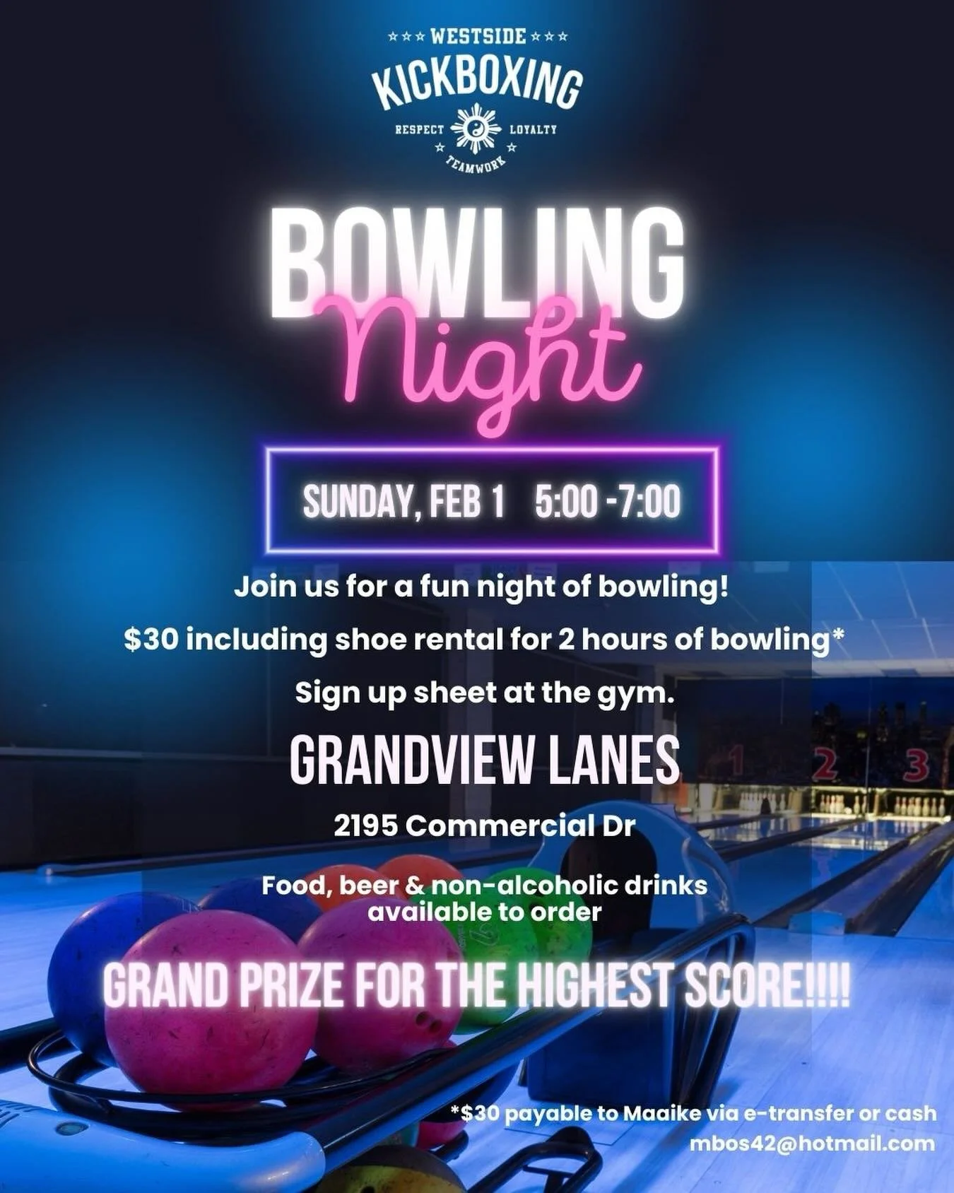 Let&rsquo;s get ready to bowl!!! 

Bowling?!? YES bowling!!!

Sunday, Feb 1  5:00 - 7:00
Grandview Lanes  2195 Commercial Dr

$30 for 2 hours of bowling including shoe rental

Sign up sheet at the gym to reserve your spot

Please pay @m.rosebos via e