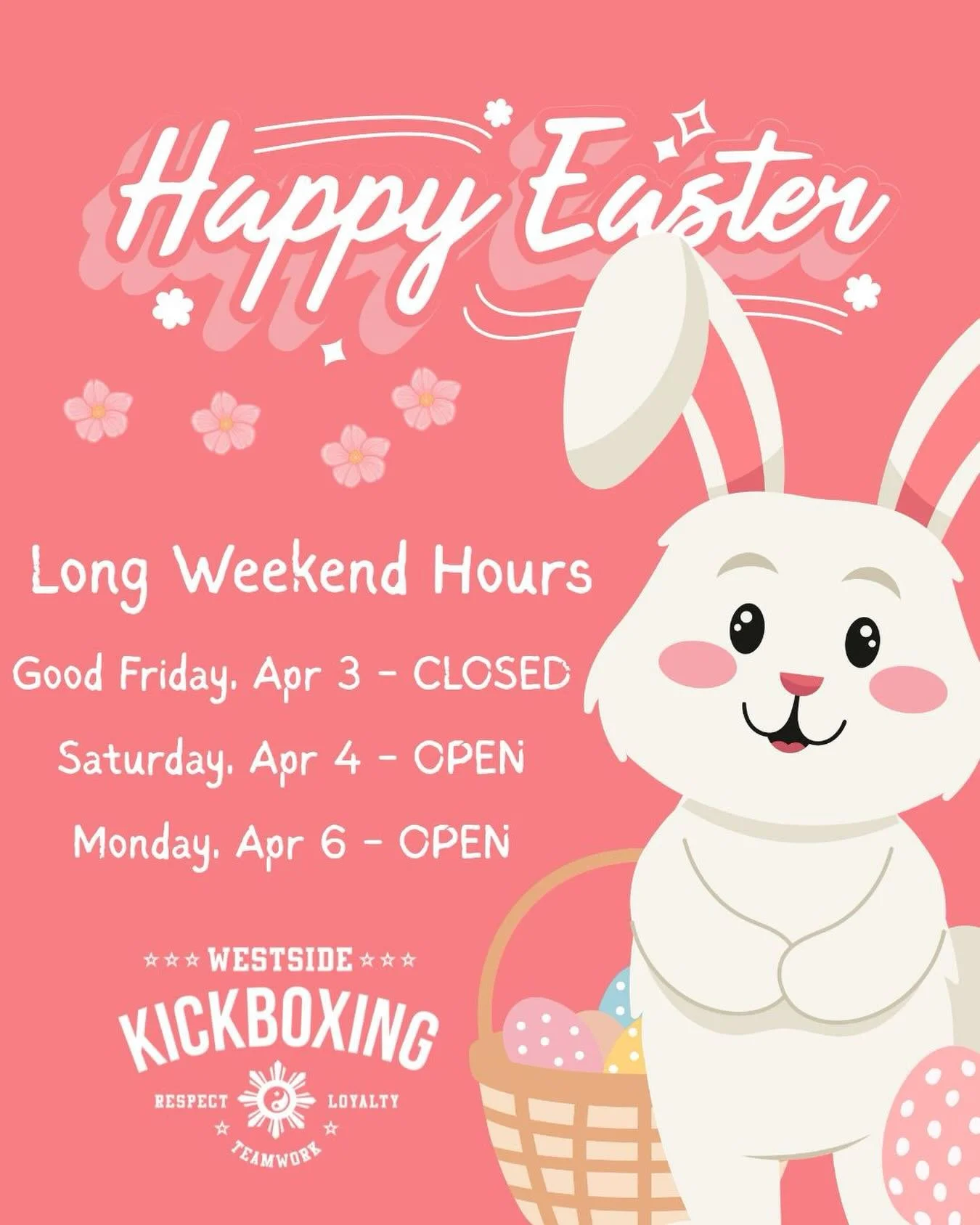 Easter Long Weekend Hours

Good Friday, Apr 3 - CLOSED
Saturday, Apr 4 - Open
Monday, Apr 6 - Open

Happy Easter!!