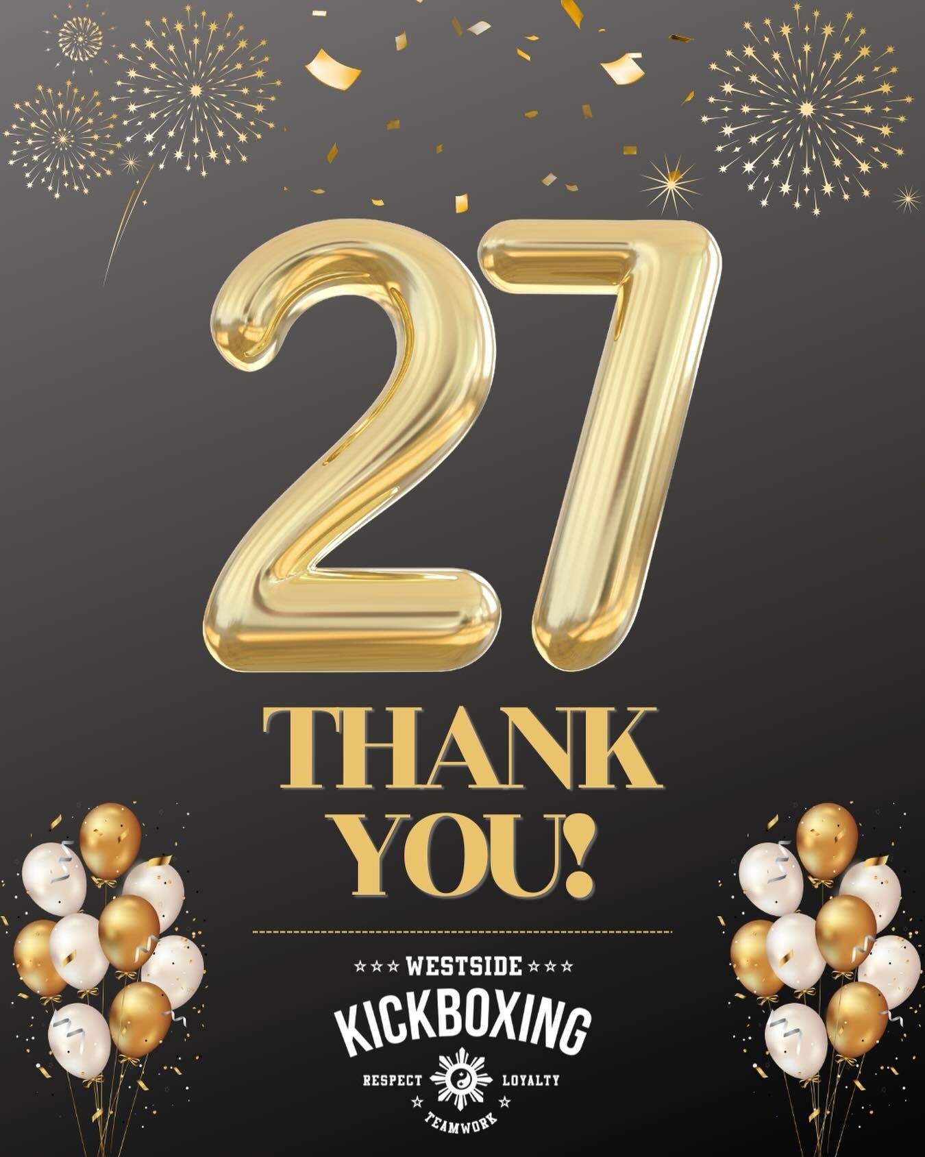 Westside Kickboxing turns 27 years old this week!! Many, many thanks to all past &amp; present members and to everyone that has ever stepped onto our mats!! Cheers to all of you for making us the best community in the city!!