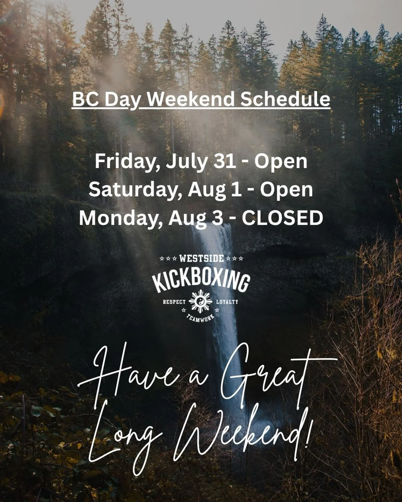 BC Day Long Weekend Schedule 

Friday, July 31 - Open
Saturday, Aug 1 - Open
Monday, Aug 3 - Closed

Have a wonderful long weekend everyone!!